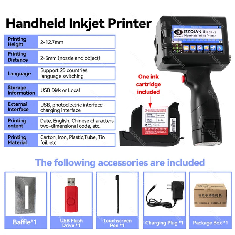 12.7Mm Image Picture QR Code Serial Number Portable Online Printer Handheld Thermal Inkjet TIJ Maker Machine with Ink Cartridge